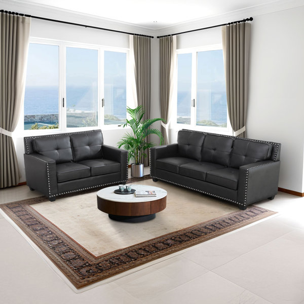 Latitude Run® Adensbree 2 Piece Black Vegan Leather Nailhead Trim